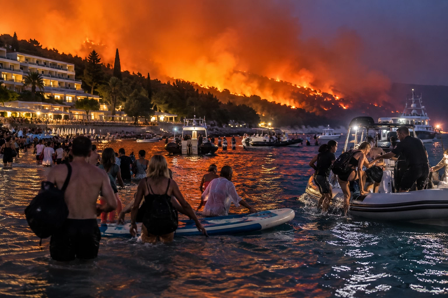 Turisté v Chorvatsku prchali před plameny do moře. Někteří se zachránili na paddleboardech