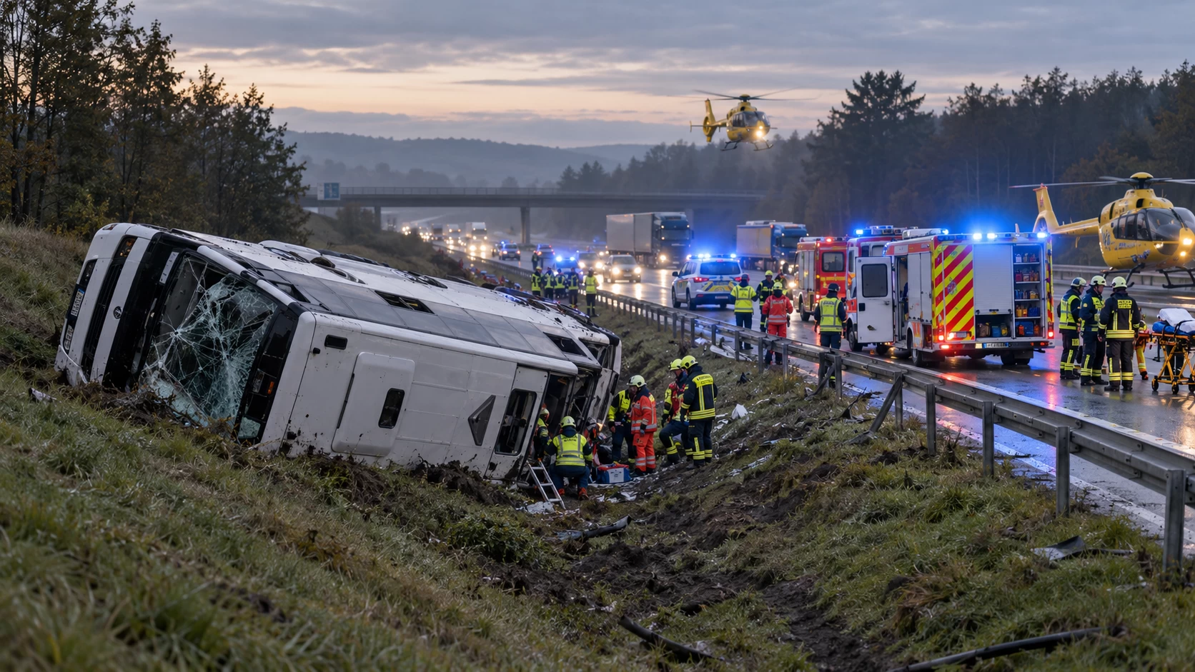 Autobus s turisty mířil na Oktoberfest. Po nehodě na A96 jsou dva mrtví a řada zraněných